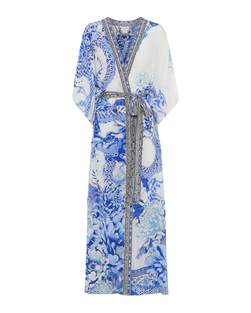 Front of a model wearing a size one-size-fits-all Belted Relaxed Layer Wrap Dress in Heart of a Dragon by Camilla. | dia_product_style_image_id:287706